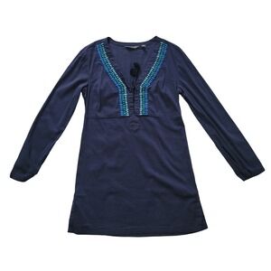 Athleta Womens Navy Blue Embroidered V-Neck Tunic Top Long Sleeve Tassel Small